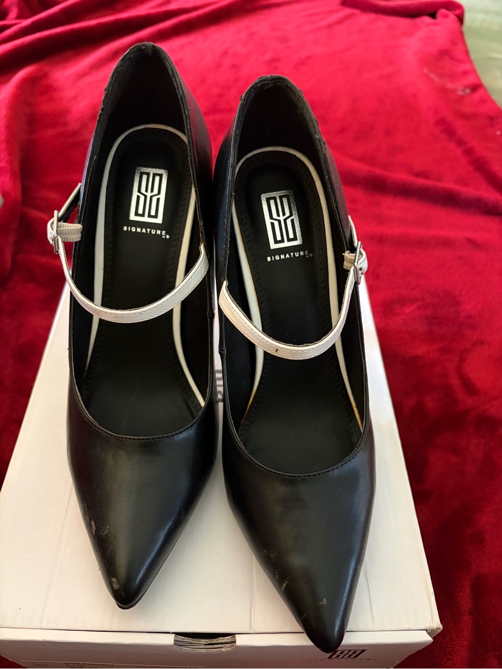 Signature Black Pointed Mary Jane Pumps with Silver Accent Strap